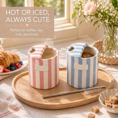 2 Pack Ceramic Coffee Mug with Sip Hole, Light Blue, Retro Hand Painted Striped - Image 5