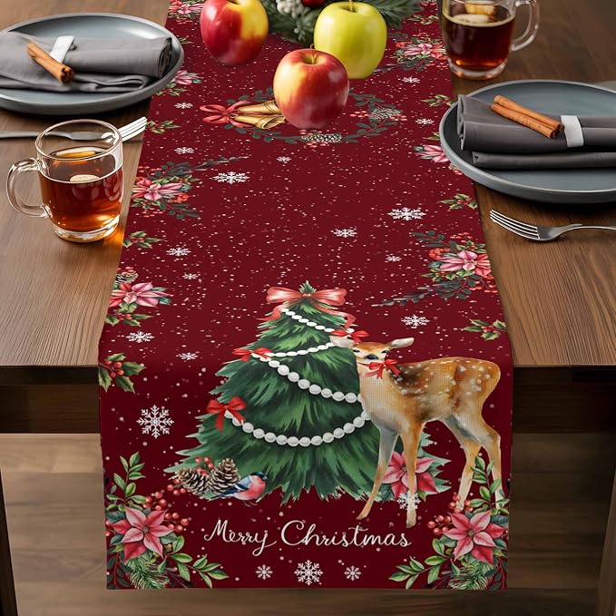 Christmas Reindeer Table Runners 90 Inches Long, Cotton Linen Fabric Red Table - Image 7