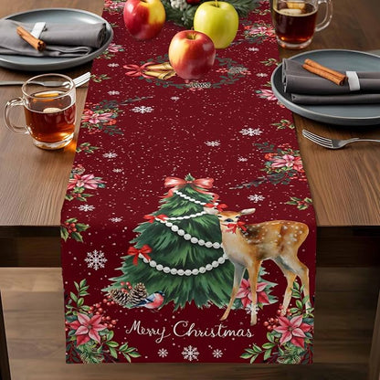 Christmas Reindeer Table Runners 90 Inches Long, Cotton Linen Fabric Red Table - Image 7