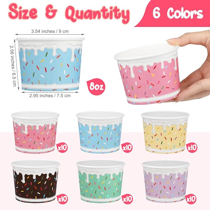 Aodaer 60 Pack 8oz Paper Cups Sprinkles Ice Cream Bowls Disposable Snack Bowls - Image 2