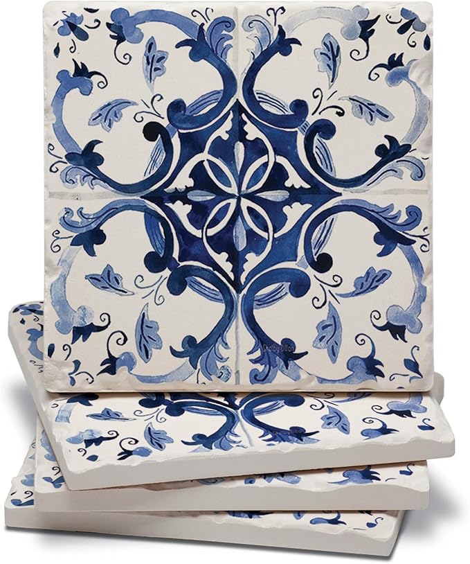 Thirstystone Blue & White Floral 4 Pack Tumbled Tile Stone Coasters | 4" Square by CounterArt