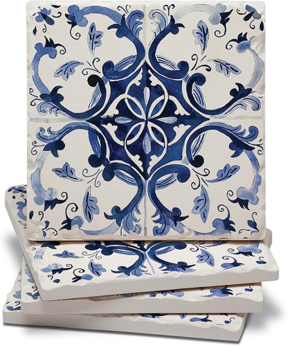 Thirstystone Blue & White Floral 4 Pack Tumbled Tile Stone Coasters | 4" Square by CounterArt