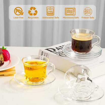 Glass Tea Cups and Saucers Set of 6, Dishwasher & Microwave Safe Teacups - Image 7