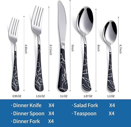 20-Piece Black cracks Silverware Set 18/0 Stainless Steel Silverware Set Yellow Handle Cutlery Black Set Service for 4 Dinner Knives Forks Spoons Set Flatware Set Finish Dishwasher Safe