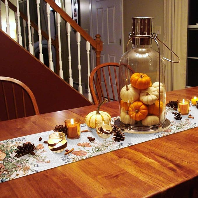 Fall Windflowers Pumpkin Table Runners 60 Inches Long, Cotton Linen Fabric - Image 4