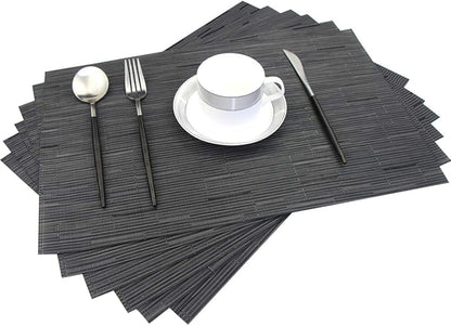 Placemats for Dining Table Washable Woven Vinyl Placemats Heat-resistand Table Dinner Placemats Set of 6 (Black)