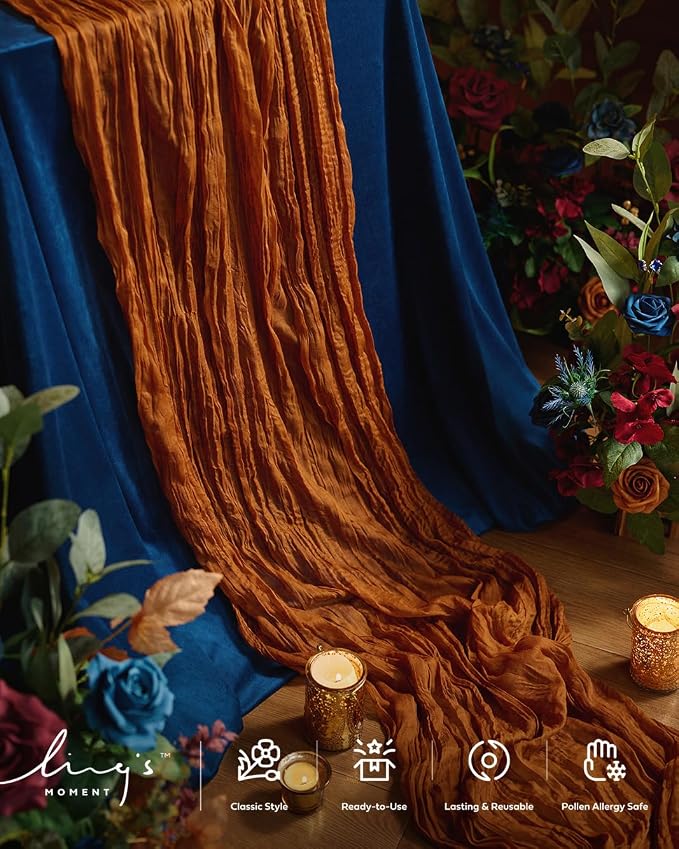 Ling's Moment Terracotta Cheesecloth Table Runner, 168 Inch, Burnt Orange | 14FT - Image 5