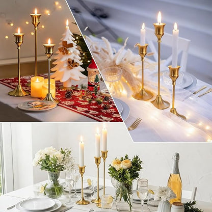 3PCS Candlestick Holders, Brass Gold Taper Candle Holders, Metal Vintage Candle Stick Holders for Table and Mantel Decorations, Home Decor Centerpieces for Dinning, Wedding and Party