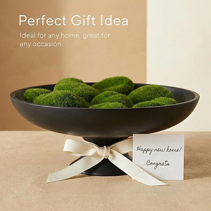 Large Black Decorative Bowl, Modern Pedestal Bowl for Home Decor, Decorative Fruit Bowl for Kitchen Counter, Stylish Key Bowls for Entry Table, 11.45”, Includes 10PCS Artificial Moss Rocks