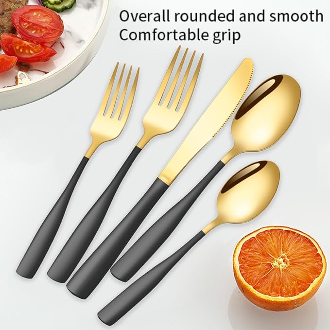 Black Gold Silverware Set for 8, Stainless Steel 40 Piece Modern Cutlery Set - Image 7