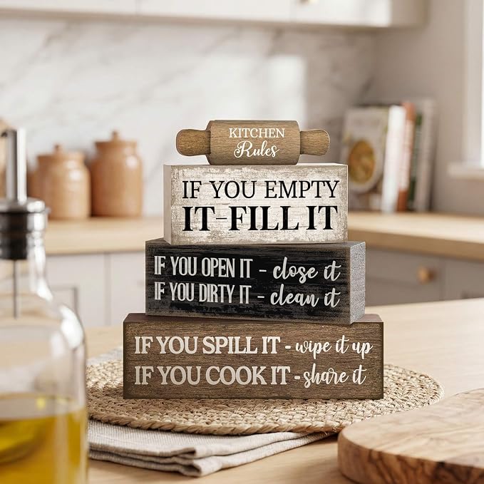 Moucuny 4 Pcs Rustic Wooden Table Decor Farmhouse Kitchen Rules Wood Sign Black - Image 7