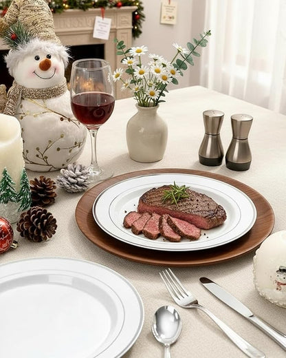 bUCLA 100Pieces Silver Plastic Plates - 10.25inch Silver Rim Disposable Dinner Plates - Ideal for Weddings, Parties