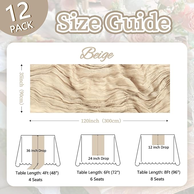12 Pack Beige Cheesecloth Table Runner 10ft Boho Gauze Fabric Cheese Cloth - Image 2