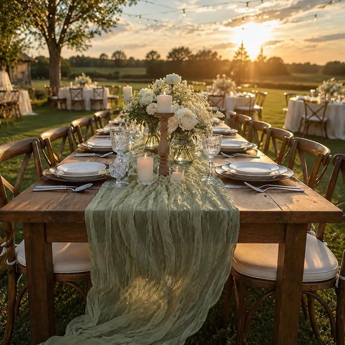 2 Pack Sage Green Cheesecloth Table Runner 17x108 Inch Boho Rustic Semi Sheer - Image 2