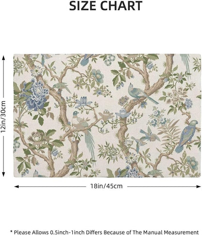 Chinoiserie Spring Placemats Set of 4, 12x18 Inch Blue Green Floral Bird Table Mats Summer Vintage Flowers Holiday Decorative Table Placemats for Party Home Kitchen Dining Table Decoration