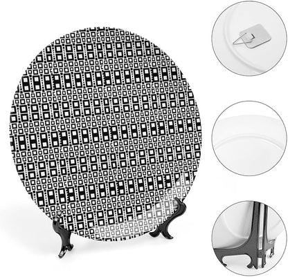 Ceramic Plates, Abstract Decorative Ceramic Plates, Monochrome Squares of Motif Grid Design Geometric, 8 Inch, for Dining, Parties, Wedding, Black White