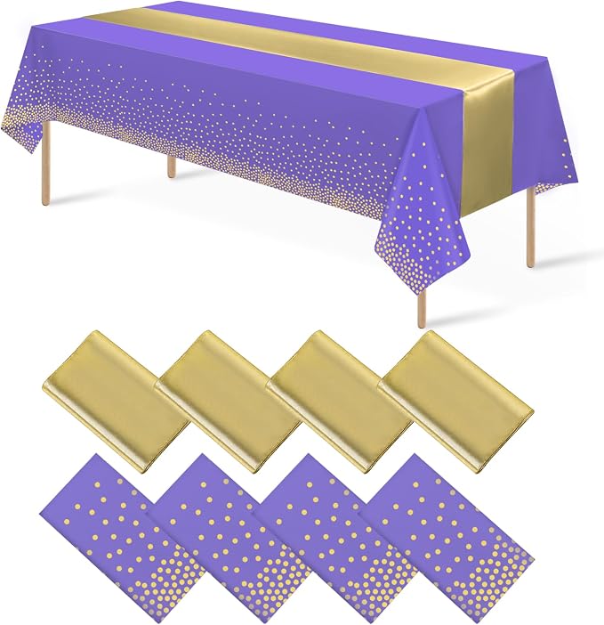 8Pack Disposable Plastic Tablecloths and Satin Table Runner Set Purple and Gold by MASHAN