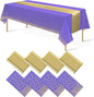 8Pack Disposable Plastic Tablecloths and Satin Table Runner Set Purple and Gold by MASHAN