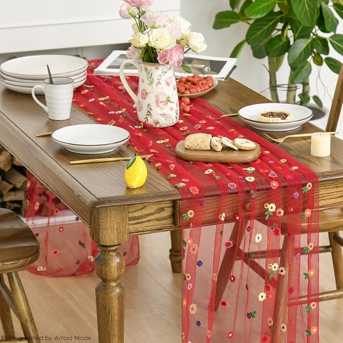 Artoid Mode 3PCS Red Embroidery Daisy Gauze Table Runner 120 Inch 10FT | - Image 3