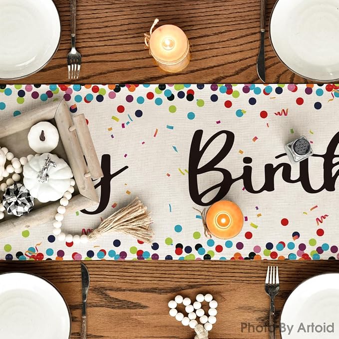 Artoid Mode Polka Dot Beige Happy Birthday Table Runner, Seasonal Kitchen - Image 3