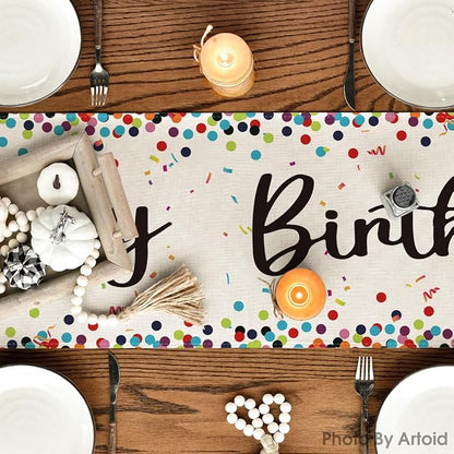 Artoid Mode Polka Dot Beige Happy Birthday Table Runner, Seasonal Kitchen - Image 3