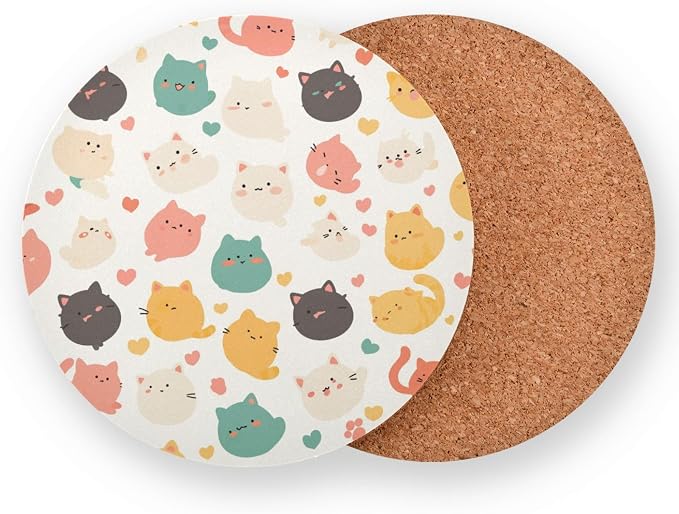 Art Illustration Cats Set of 4 Round Drink Coaster Thick Heat Resistant Mats - Image 2