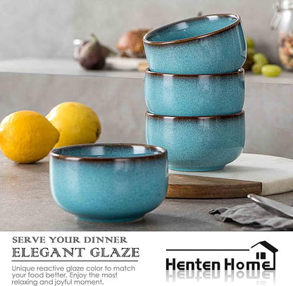 Henten Home Ceramic Cereal Bowl Set, 26 OZ Noodle Bowls Set of 4, Porcelain Salad Bowls for Kitchen, Reactive Glaze Serving Soup Bowls for Ramen, Oatmeal, Microwave Safe (Aqua)