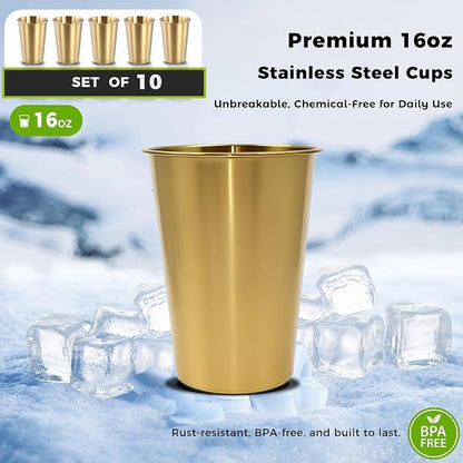 10 Pack 16 oz Gold Stainless Steel Pint Cups, Stackable Set | Food-Grade 304 - Image 2
