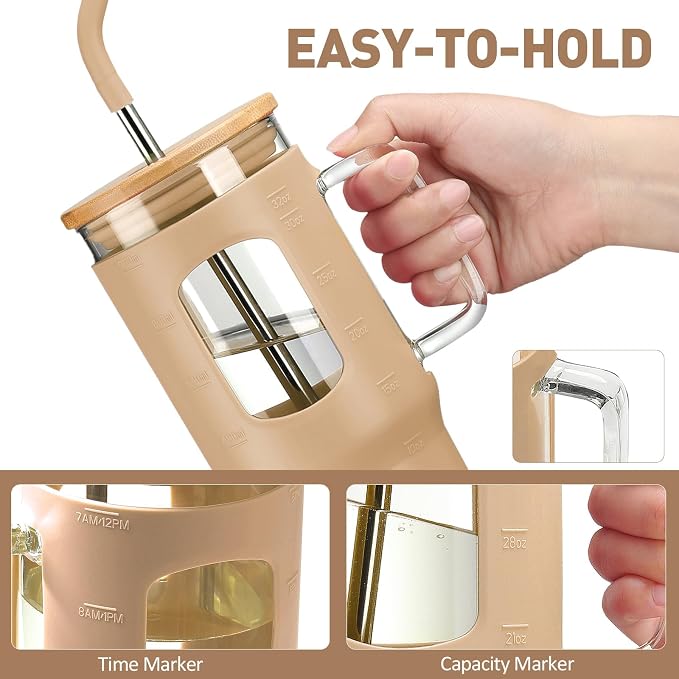 WINSA Glass Tumbler with Lid, 32 oz Glass Cup with Handle, Glass Water Bottles - Image 3