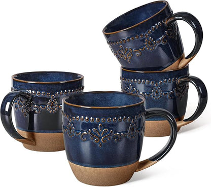 Artena Ceramic Coffee Mugs Set of 4, 16oz Embossed Large Latte Mugs Coffee Cups by Artena