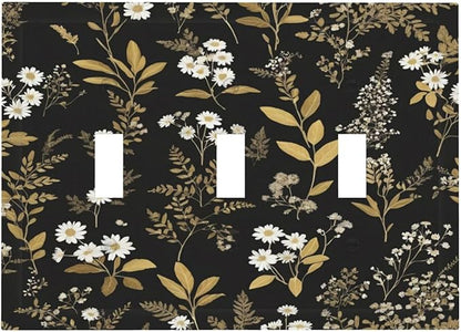 Light Switch Cover Black/Gold Boho Botanical Floral Rustic Flowers 3 Gang Wall Plate Triple Light Switch Plate Toggle Decorative Outlet Covers Electrical Switchplate for Bathroom Kitchen Decor
