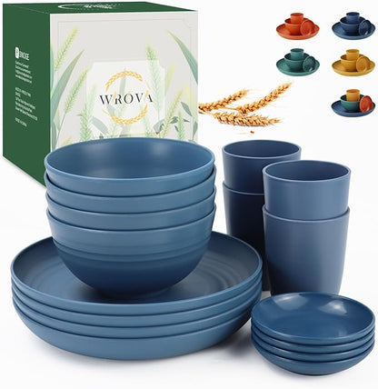 Wrova Wheat straw plates and bowls sets of 16 - Unbreakable wheat straw dinnerware sets for camping - Alternative plastic dinnerware set service for 4 - Microwave safe and Dishwasher safe bowls. Blue