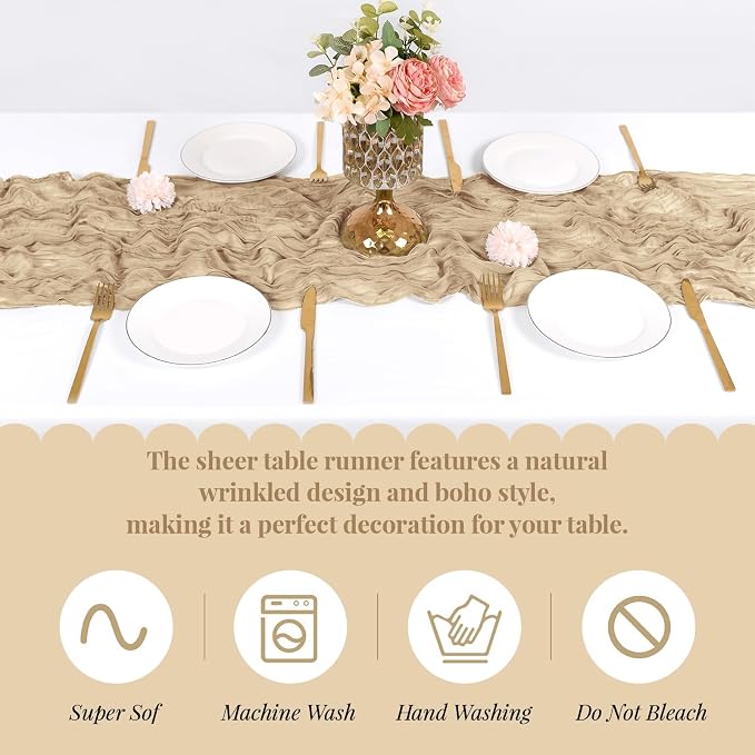 6 Pack Beige Cheesecloth Table Runner, 17 x 108 Inch, Gauze Cheese Cloth Table - Image 5