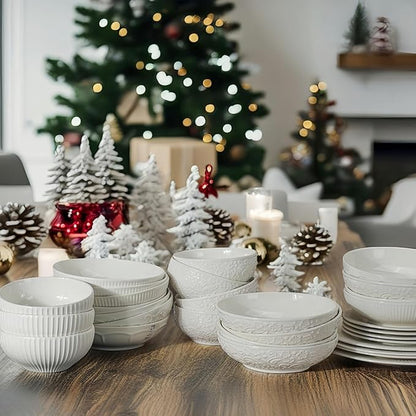 Artena Ceramic Cereal Bowls 26 oz, Embossment Soup Bowls Set of 4, White Salad Bowl for Kitchen, Dinner, Breakfast, Oatmeal, Rice, Pasta, Dishwasher Microwave Safe Bowls (Stripes)