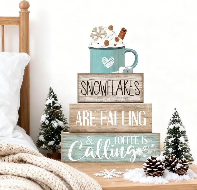 Moucuny 4 Pcs Winter Table Decor Wooden Milk Cocoa Decoration Winter Tiered - Image 6