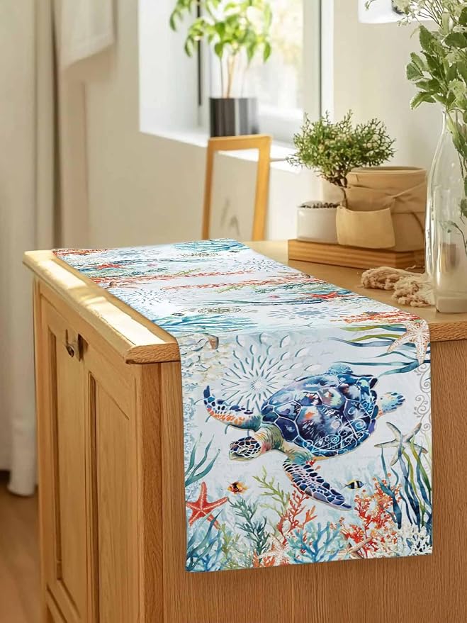 Sea Turtle Coastal Table Runners 108 Inches Long, Summer Beach Coral Table - Image 7
