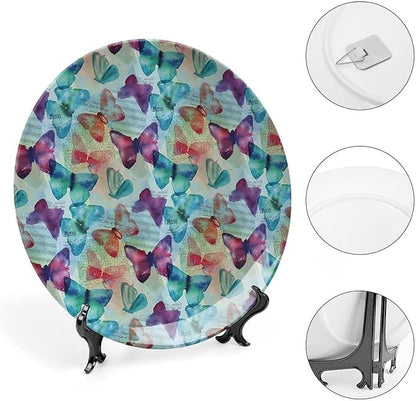 Ceramic Plates, Abstract Decorative Ceramic Plates, Watercolor Rainbow Colored Butterflies and Letterings Music, 10 Inch, Household Plates Decorative, Multicolor