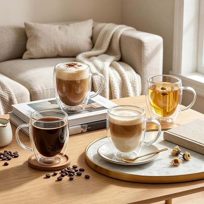 FrutPunch Double Walled Glass Coffee Mugs Set of 4, 12 oz Glass Coffee Cups | - Image 5