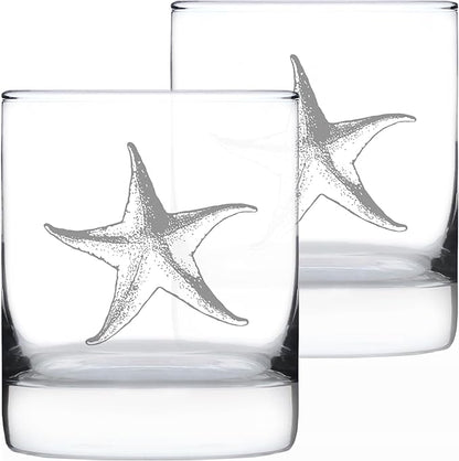 Bevvee Starfish Rocks Glass - Beach Themed Decor and Decorative Ocean Glassware Gifts for Women and Men - Set of 2-10.25 Oz Glasses
