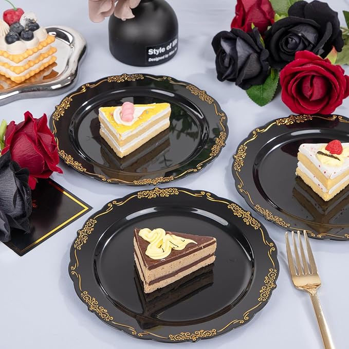 DaYammi 60PCS Black and Gold Plastic Plates, Heavy Duty Black and Gold Disposable Plates Premium 7.5 inch Dessert Cake Salad Appetizer Plate Hard Plastic Plate Disposable for Party Wedding