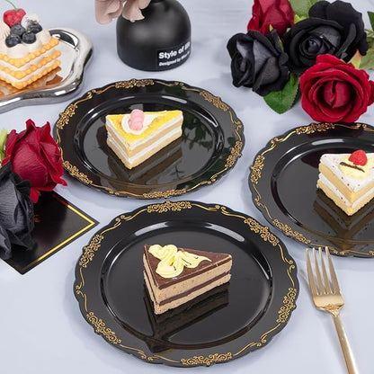 DaYammi 60PCS Black and Gold Plastic Plates, Heavy Duty Black and Gold Disposable Plates Premium 7.5 inch Dessert Cake Salad Appetizer Plate Hard Plastic Plate Disposable for Party Wedding