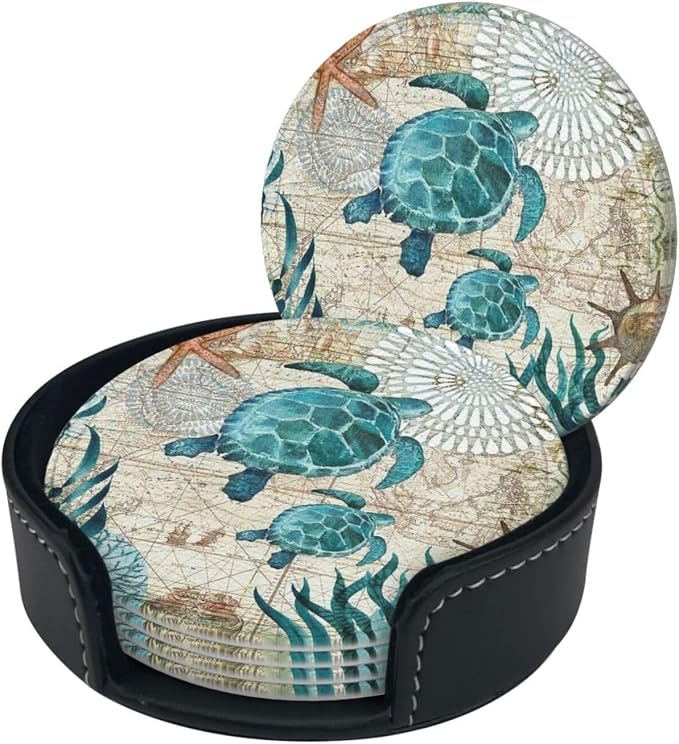 Drink Coasters with Holder Stand Set of 6, Sea Turtle Pu Leather Absorbent - Image 8