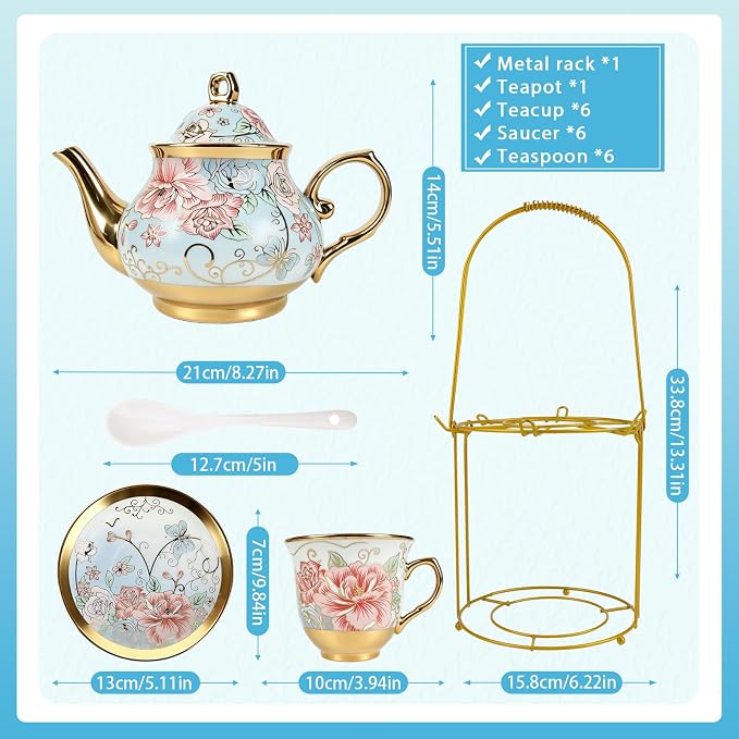 20-Piece Porcelain Tea Sets for Adults, Includes Tea Cups and Saucers, Spoons & - Image 6
