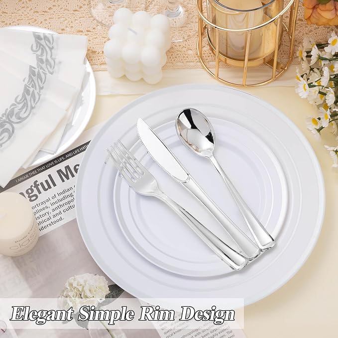 BESTSTAR 200PCS Silver Plastic Plates Set | 100 10.25 inch Dinner Plates and - Image 5