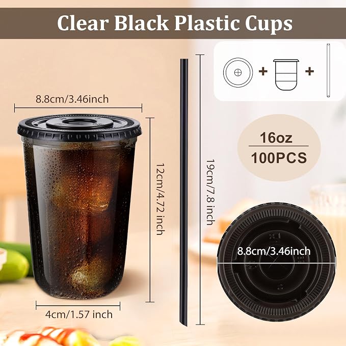 tchrules 100 Set 16oz Black Round Bottom Plastic Cups - Image 2