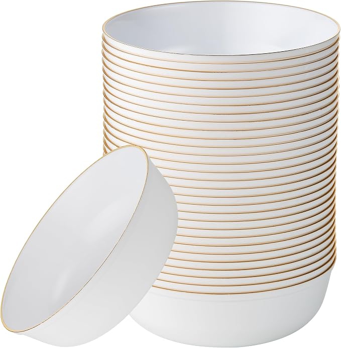 Edge Collection White with Gold Rim Plastic Party Soup Bowls Premium by PLASTICPRO