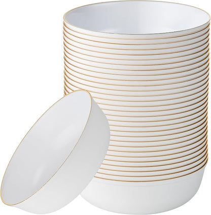Edge Collection White with Gold Rim Plastic Party Soup Bowls Premium by PLASTICPRO