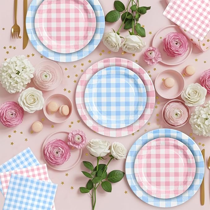 180Pcs Pink Blue Gingham Party Supplies Paper Plates and Napkins Serve 60 | - Image 4
