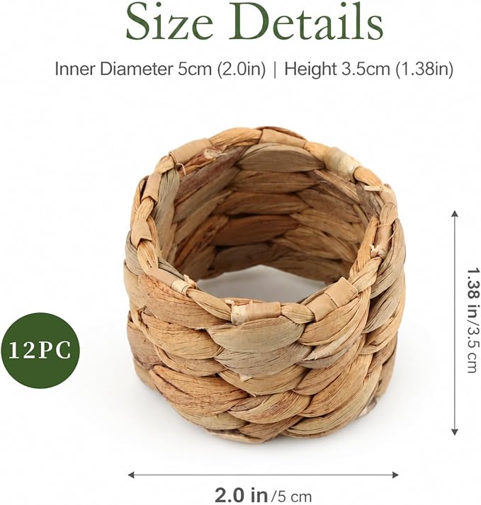 12 Pcs Rattan Woven Water Hyacinth Napkin Rings, Natural Farmhouse Wicker - Image 2