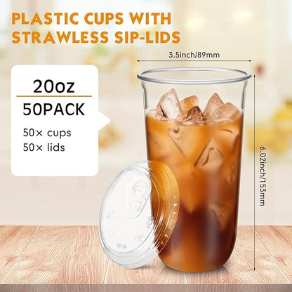50 Sets Clear Plastic Cups with Strawless Sip Lids, Thickened Clear Disposable Plastic PET Crystal Cups for Iced Coffee, Smoothie, Cold Beverage, Drink Shops and Party Catering (20 oz)